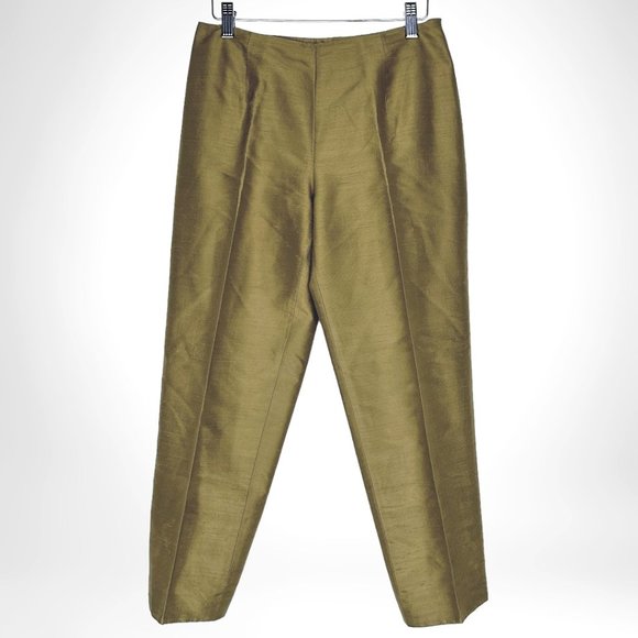 90's/Y2K Vintage Olive Silk Shantung Cigarette Pants - Picture 1 of 12